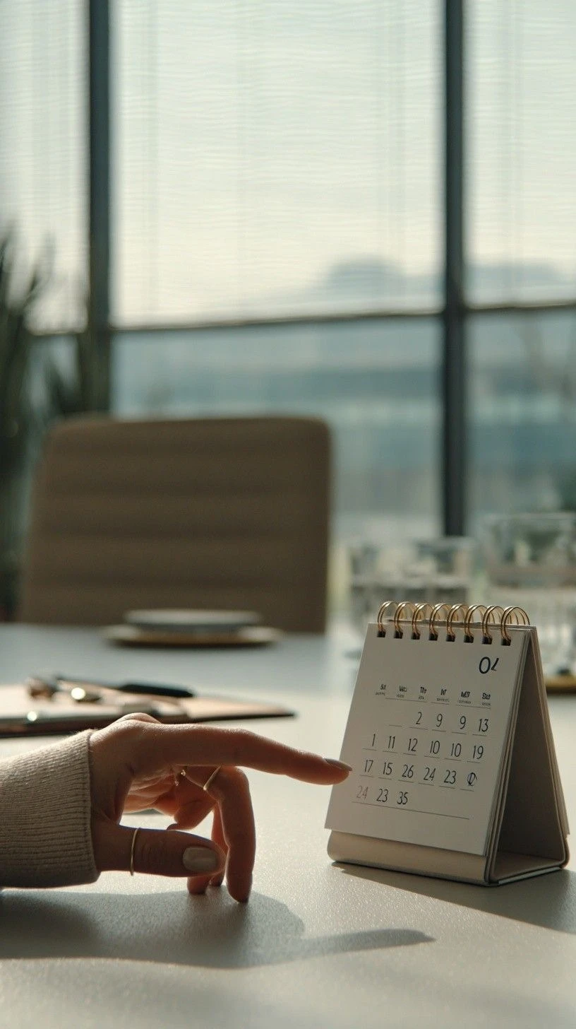 Mão apontando para um calendário de mesa