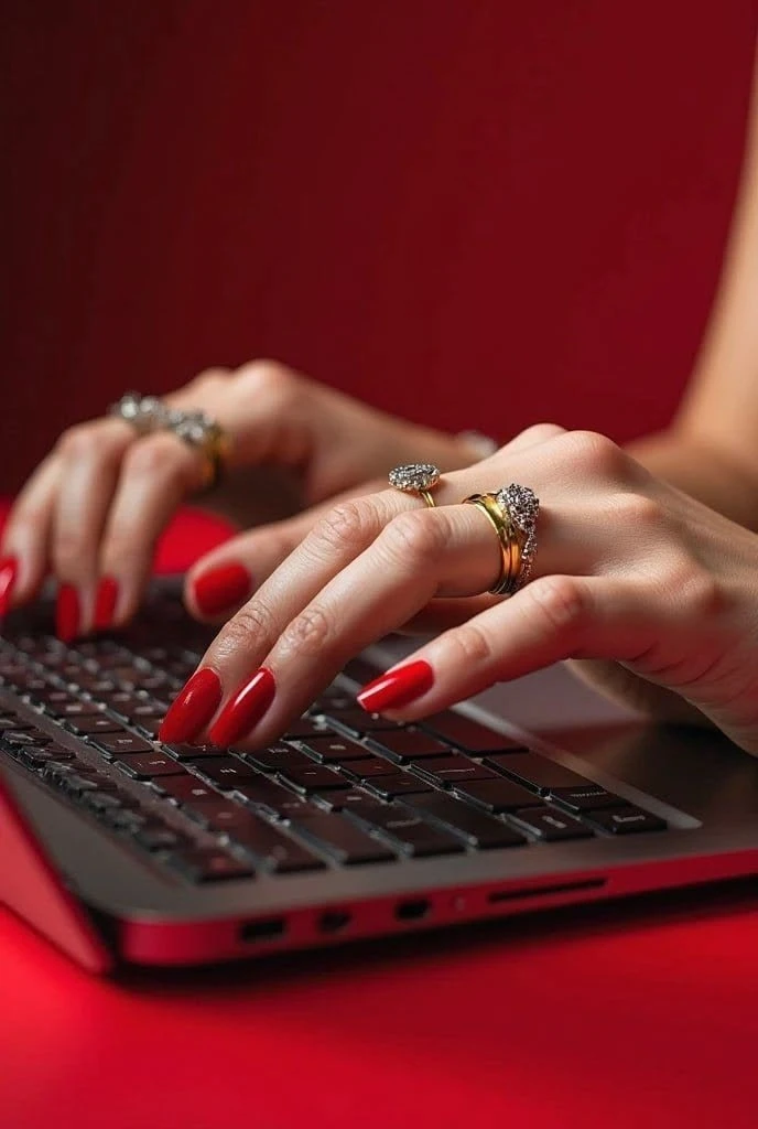Mãos com unhas vermelhas digitando em um notebook sobre fundo vermelho